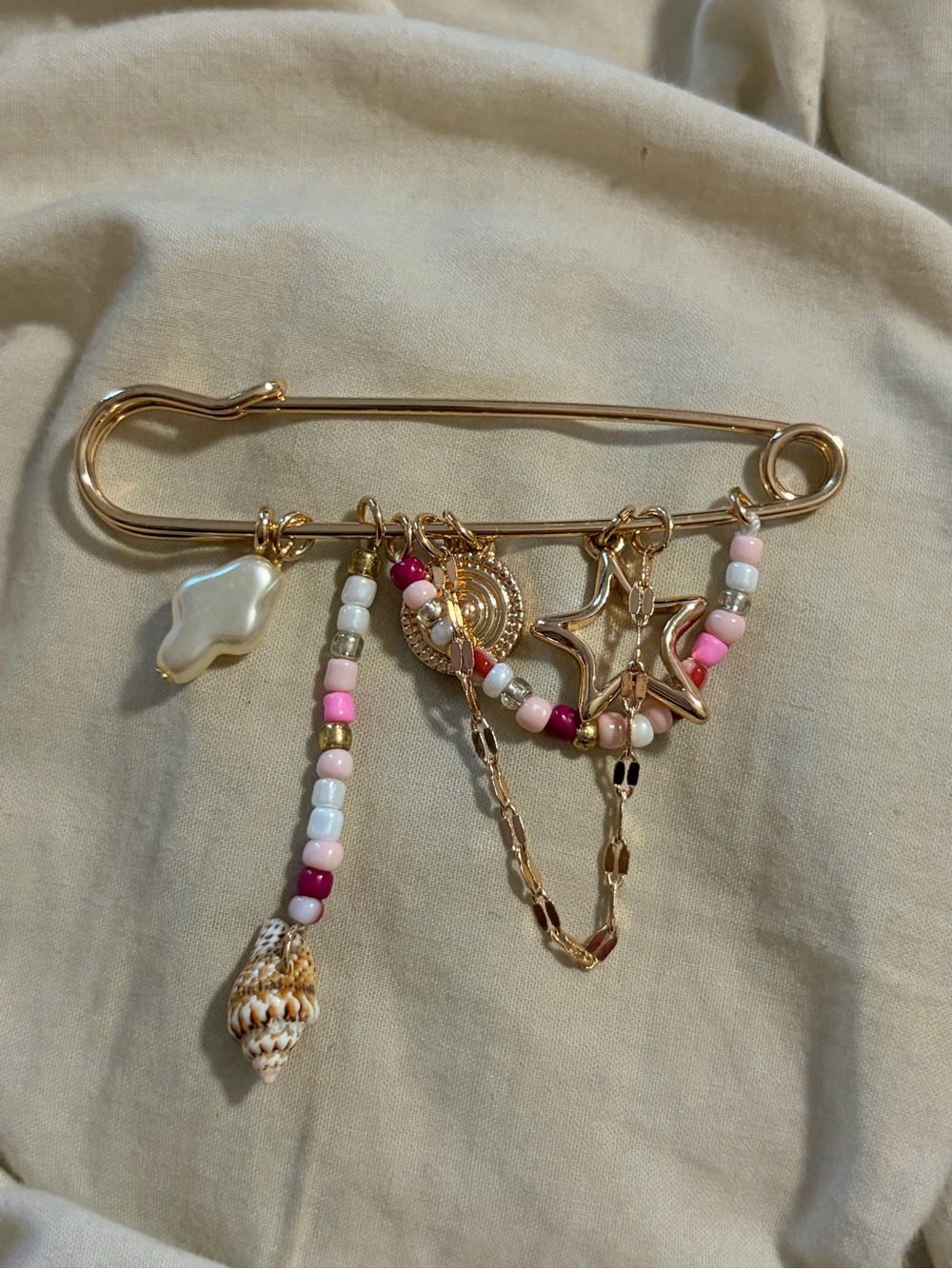 Free People Beaded Seashell Charm Statement Safety Pin Brooch